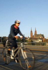 Switzerland, Basel, the Wettstein Bridge stepping over the Rhine river towards the Big Basel and Cathedral district with the Cathedral (Münster)